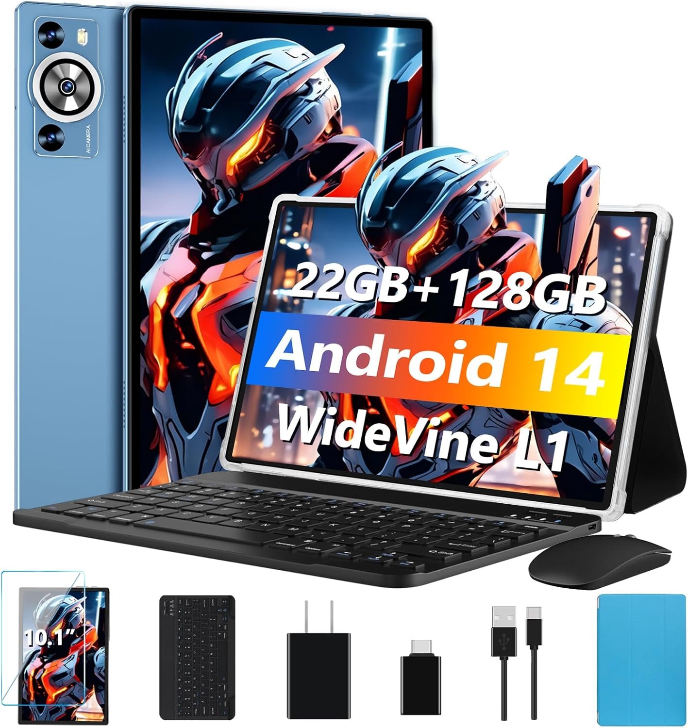 Android 14 Tablet 10.1 Inch 8000mAh Battery Tablets with 22GB RAM 128GB ROM 1TB Expand, Octa-Core HD Touchscreen Tablet with Keyboard, Mouse, Support Widevine L1, Split-Screen - Blue - Image 2