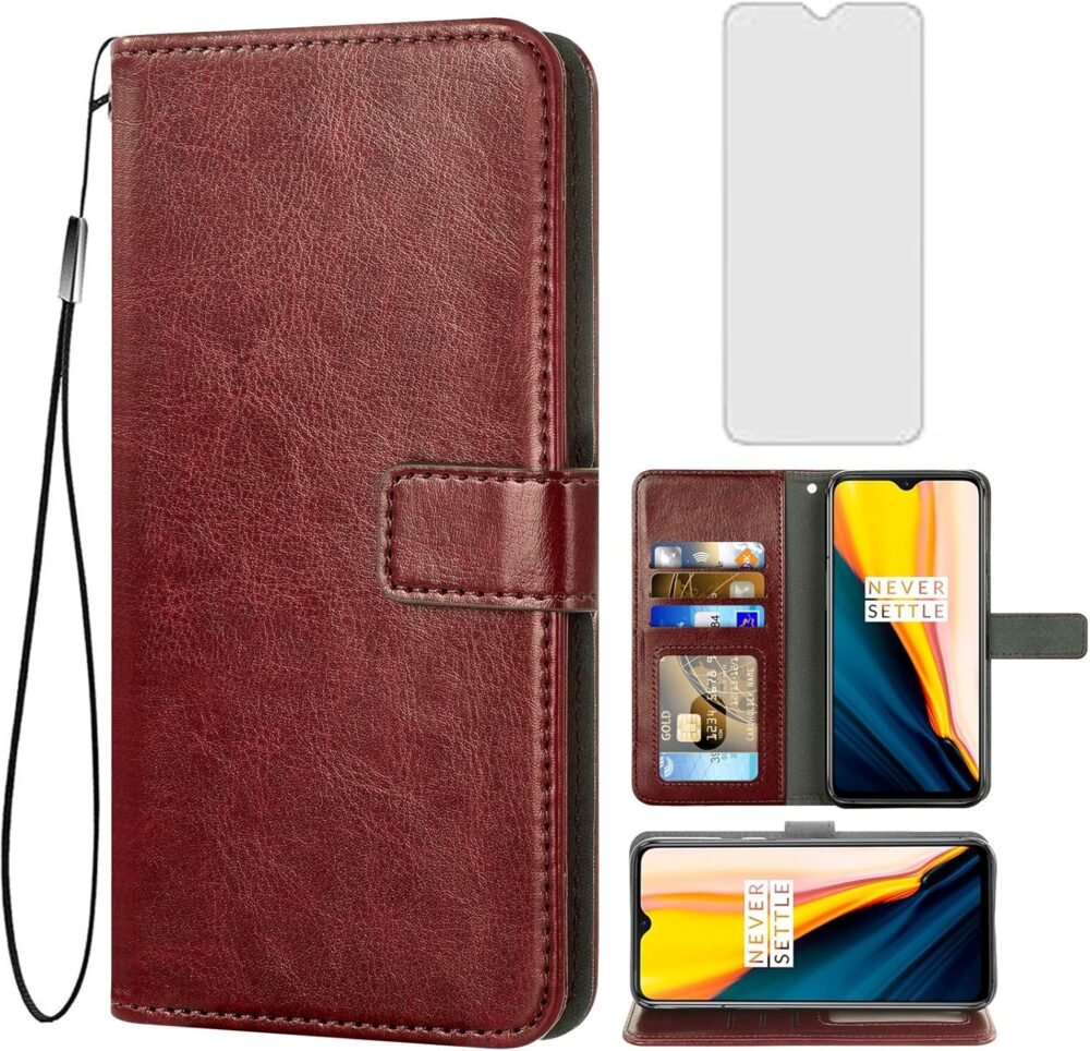 Asuwish Compatible with OnePlus 7 6T Wallet Case Tempered Glass Screen Protector Leather Flip Card Holder Stand Cell Phone Cases for OnePlus6T A6013 OnePlus7 One Plus6T 1+ Plus7 1 Plus 1plus T6 Brown - Image 2