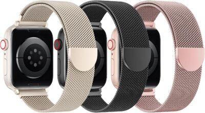 BELONGME 3 Pack Mesh Loop Compatible with Apple Watch Bands for Women Men 40mm 41mm 38mm 42mm 44mm 45mm 49mm 46mm Series 10 9 8 7 6 5 4 3 2 1 Ultra SE, Stainless Steel Metal Magnetic Strap for iWatch - Image 2