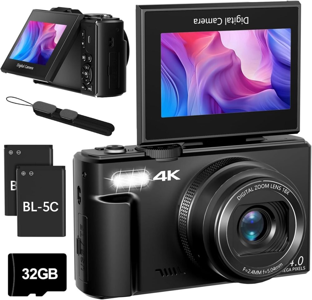 Cameras for Photography, 4K 64MP Digital Vlogging Camera for YouTube with 3" 180° Flip Screen, Compact WiFi Camera with 18X Digital Zoom, 32GB Micro SD Card & 2 Batteries - Image 2