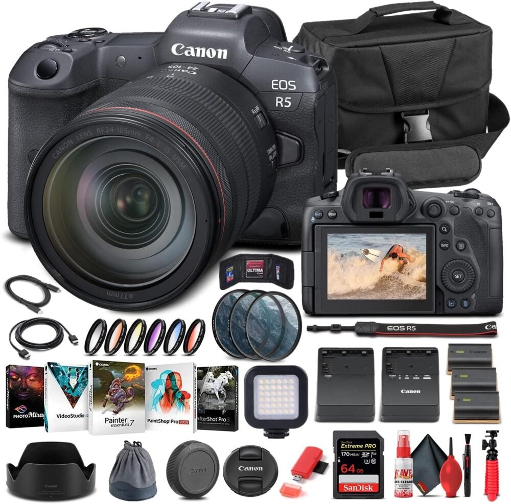Canon EOS R5 Mirrorless Digital Camera with 24-105mm f/4L Lens (4147C013) + 64GB Memory Card + Case + Corel Photo Software + 2 x LPE6 Battery + External Charger + Card Reader + Light + More (Renewed) - Image 2