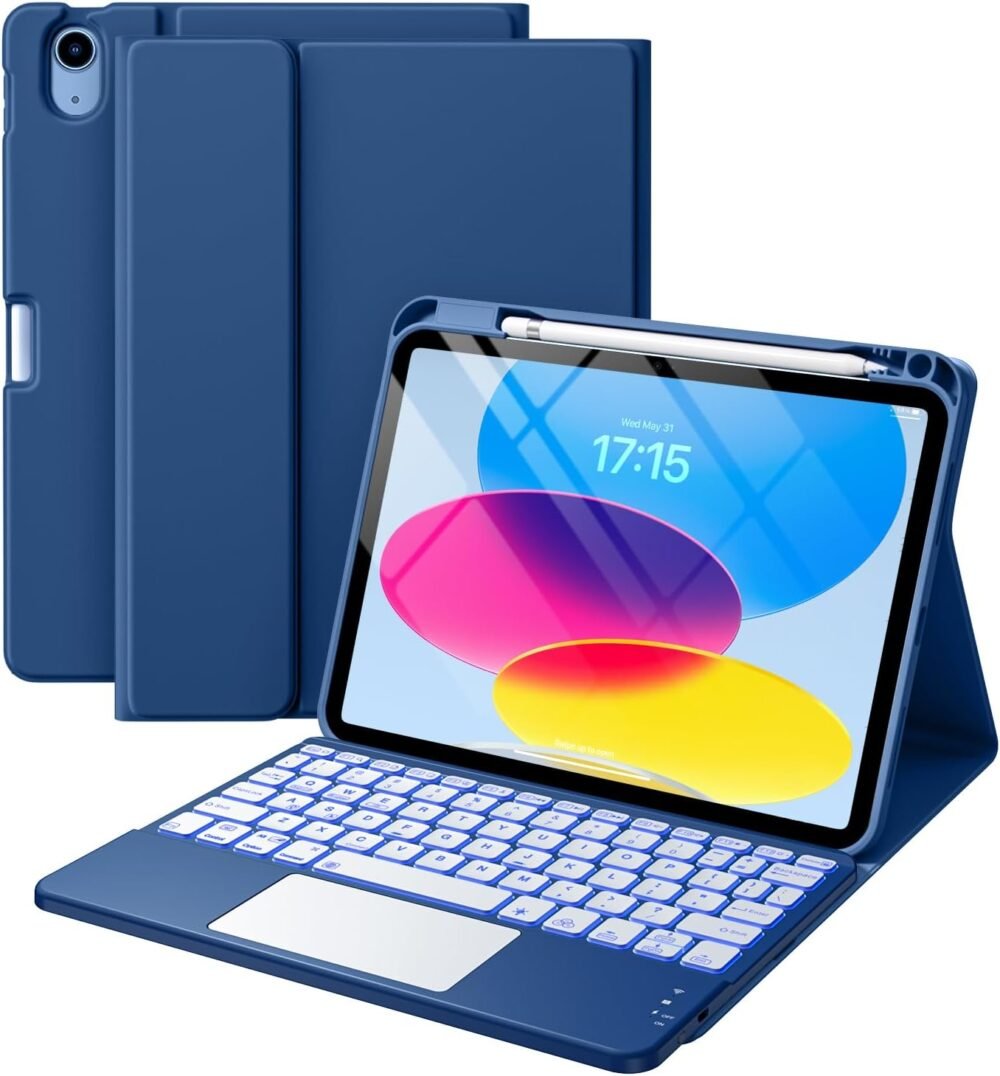 Compatible for iPad 11th 10th Generation Case with Keyboard, Folio Cover with Pencil Holder, Multi-Touch Trackpad, 7 Color Backlit, Detachable Keyboard for iPad (A16) 11th/10th Gen (Navy Blue) - Image 2