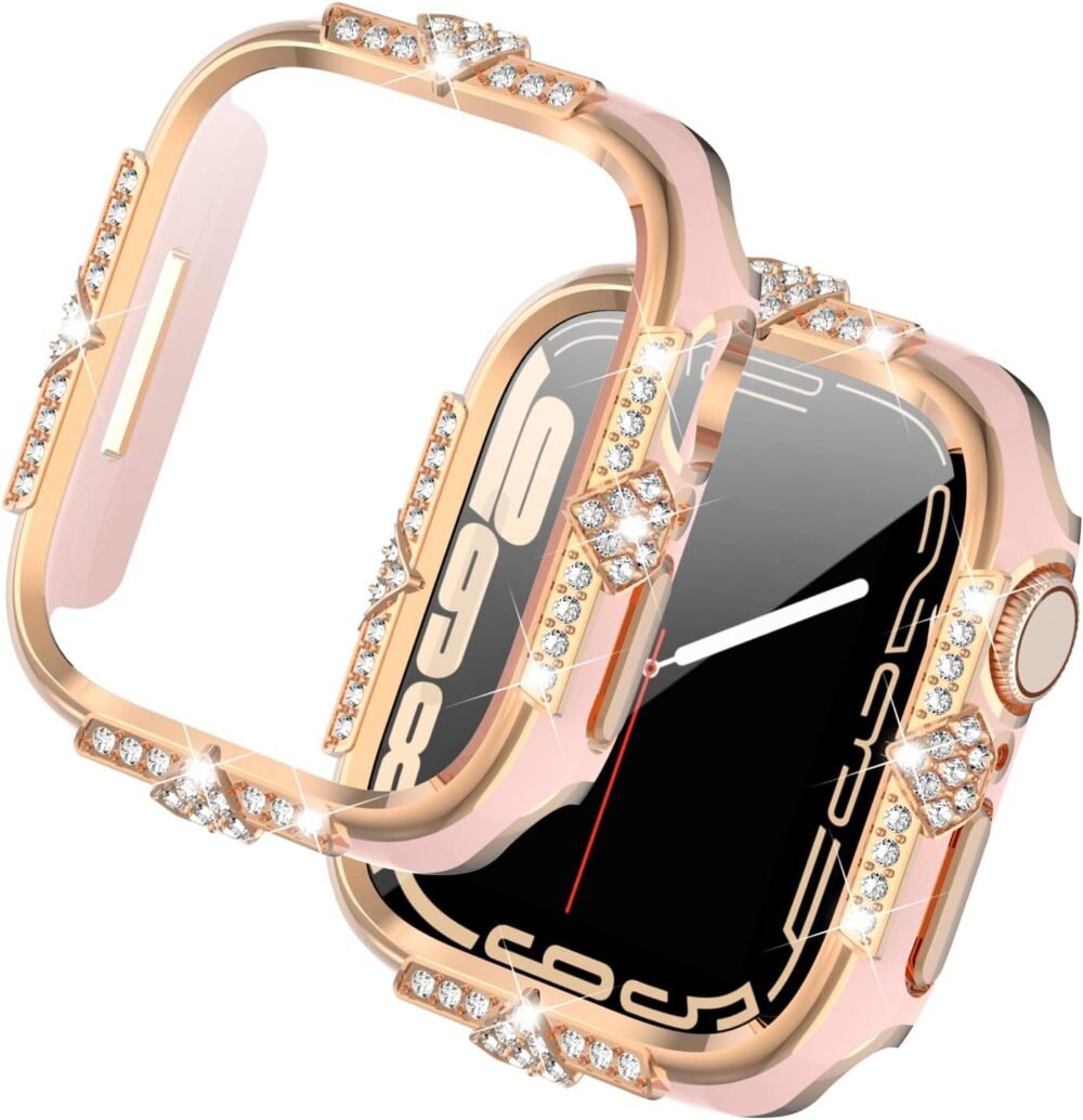 Compatible with Apple Watch Case Series 10/9/8/7/6/5/4 /SE Rhinestones with Built-in Glass Screen Protector 46/42 / 40/44 / 41/ 45mm Diamond iWatch Cover for Women Girl (Pink-RG, 41mm) - Image 2