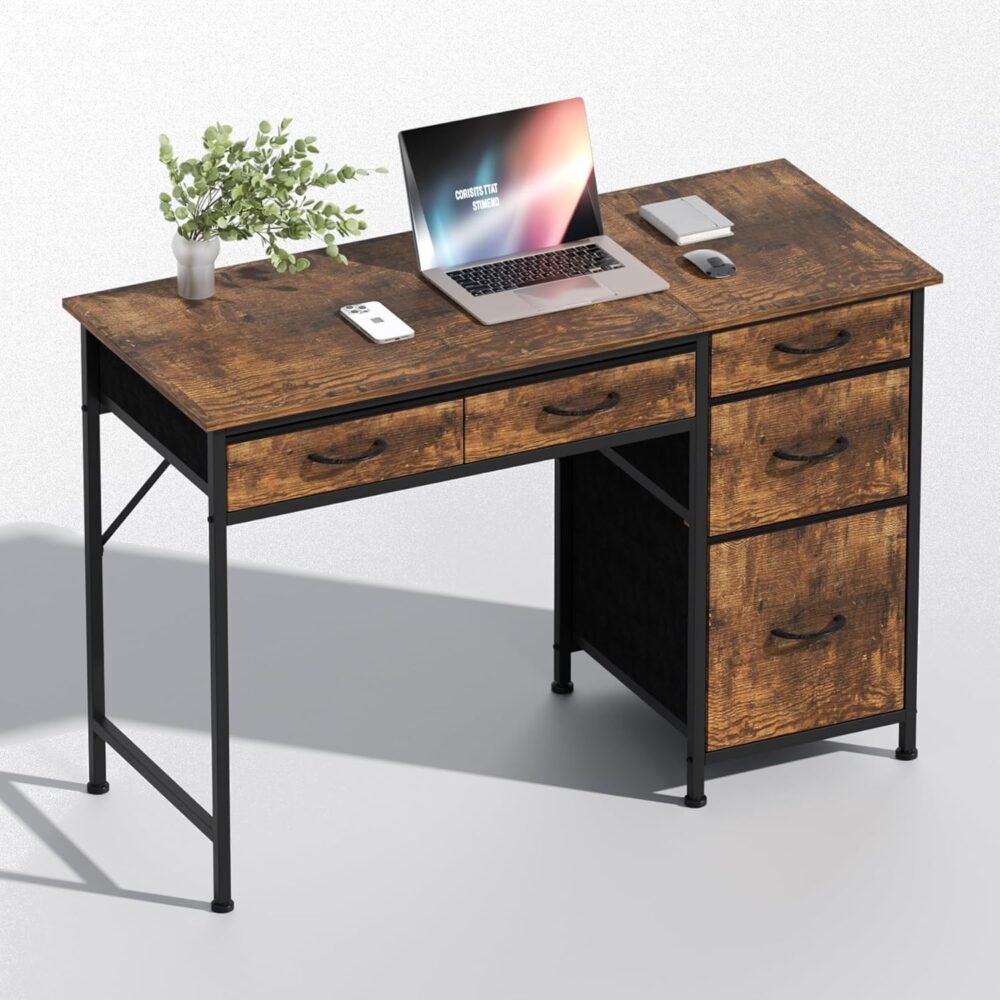 Computer Desk with 5 Drawers, 47 Inch Office Desk with Large Storage, Study Work Writing Desk for Home Office, Study, Bedroom, Industrial PC Desk, Rustic Brown - Image 2