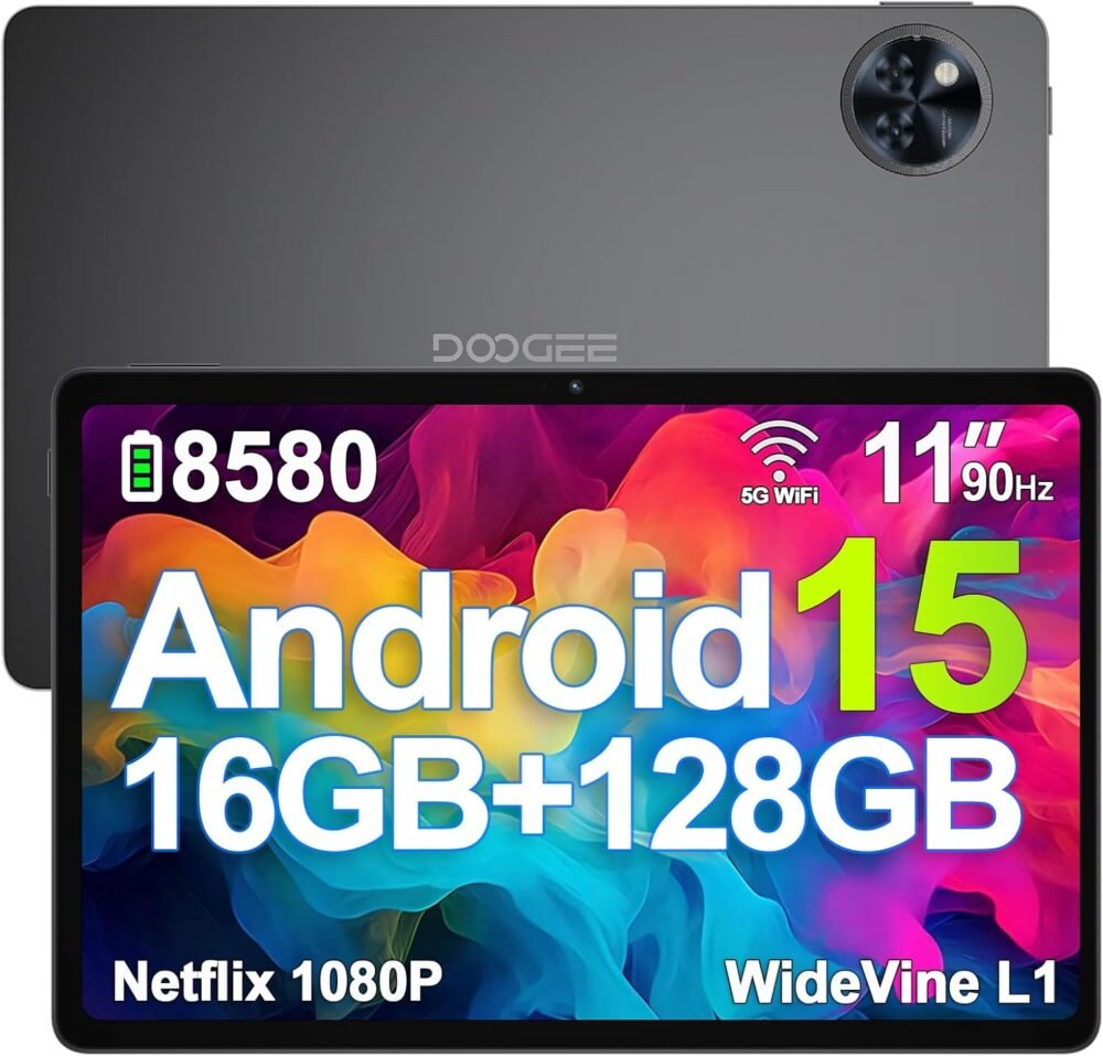 DOOGEE U11(2025) Android 15 Tablet, 11 inch Tablet 16GB+128GB/2TB TF Octa-Core 90Hz Display, 8580mAh, Netflix 1080P,Bluetooth 5.0+5G WiFi Tablets, 13MP+5MP, Face ID,Metal Body-Black - Image 2
