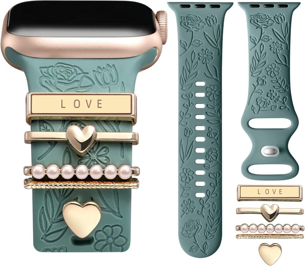 DaQin Flower Engraved Band Compatible with Apple Watch Bands for Women 40mm 38mm 41mm 42mm, Soft Silicone Band With Decorative Apple Watch Charms for iWatch Series 10 9 8 7 6 5 4 3 2 1 SE (With Band) - Image 2