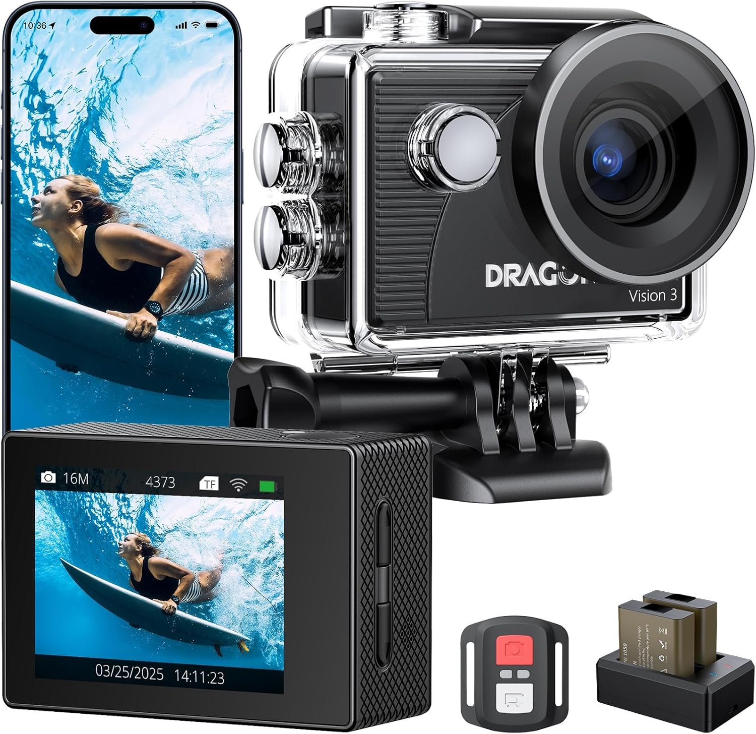 Dragon Touch Action Camera 4K 20MP 30FPS 100FT Waterproof Underwater Camera 170° Wide Angle WiFi Sports Cam with Remote 2 Batteries and Mounting Accessories Kit - Image 2