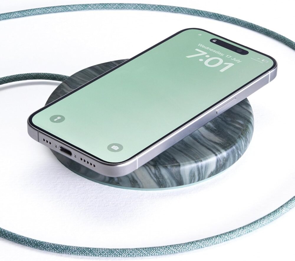 Einova Classic Stone – Marble Wireless Charger Designed in Italy, Wireless Charging Pad, Integrated 6 ft USB-C Cable, Smartphones, Wireless Earbuds, Smartwatches – Pine Verde Alpi Marble - Image 2