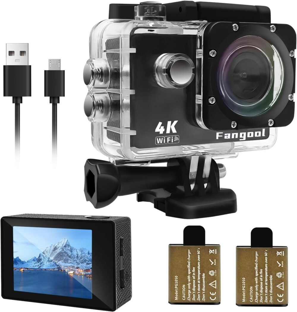 Fangool Action Camera 4K 30FPS, Waterproof Camera 30M Ultra HD 131FT Underwater WiFi Cam 170°Wide Angle Shooting, with 2 x 1050 mAh Batteries for Skiing, Skating, Surfing, Cycling, Fishing - Image 2
