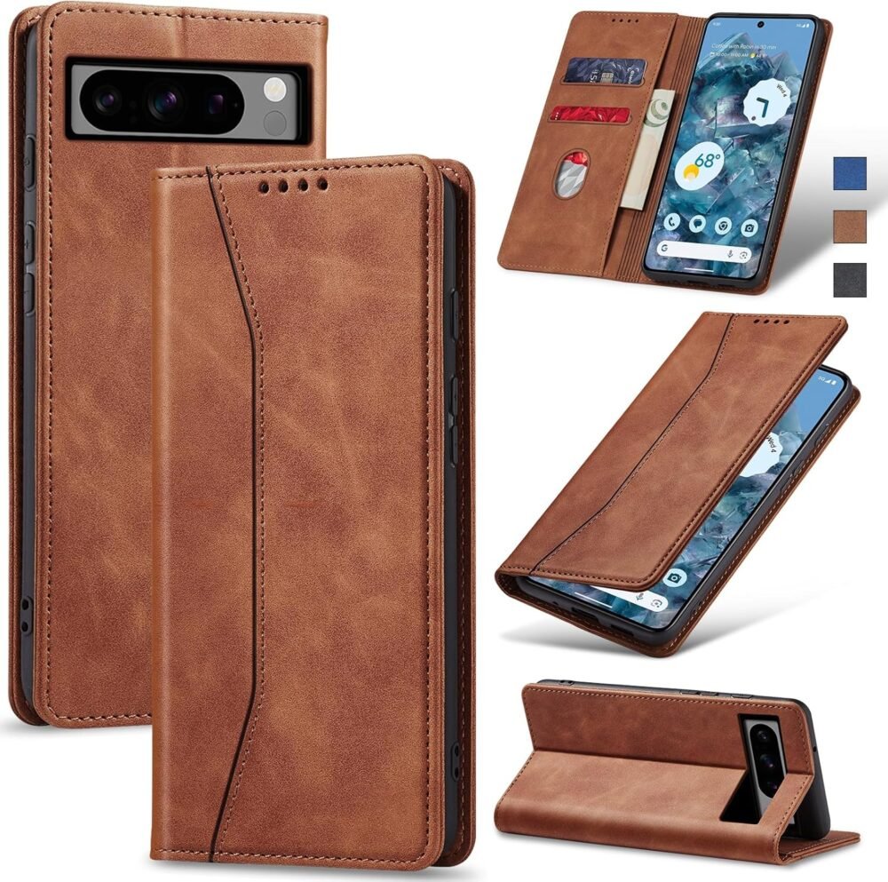 Flip Wallet Case for Google Pixel 8 Pro,Leather Magnetic Folio Cover with Card Holder,Kickstand - TPU Shockproof Durable Protective Phone Case,Brown - Image 2