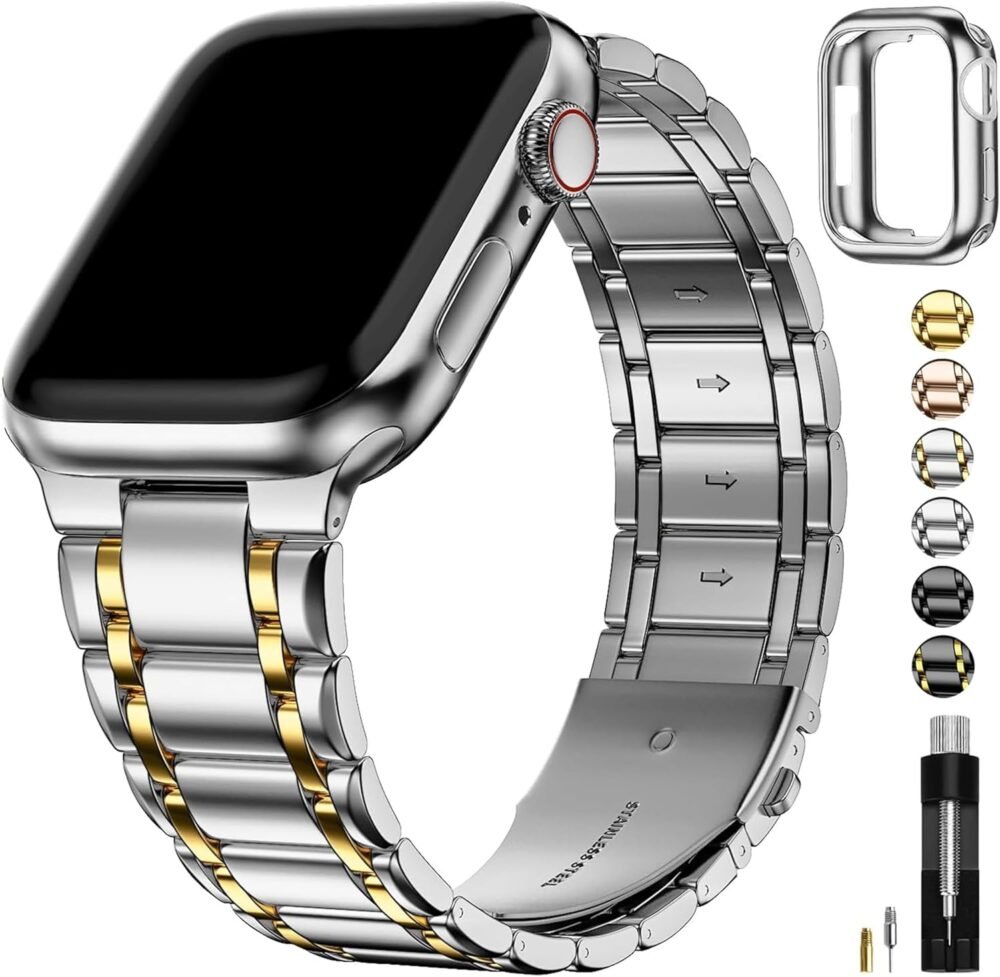 Fullmosa Bands Compatible Apple Watch 45mm 44mm 42mm, Stainless Steel iWatch Band with Case for Apple Watch Series 9 8 7 6 5 4 3 2 1 SE, Silver and Gold - Image 2