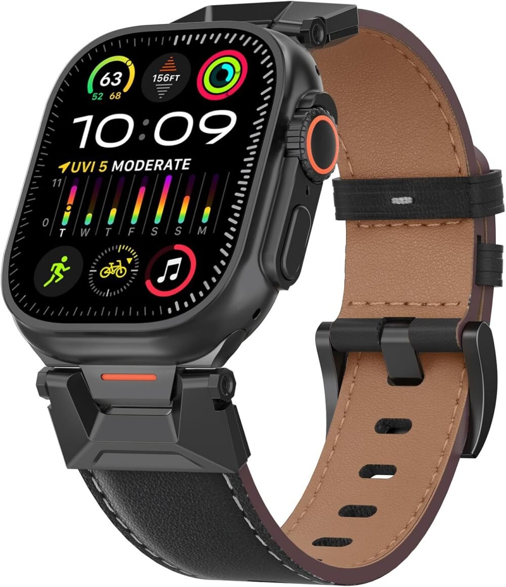 Genuine Leather Band Compatible with Apple Watch Ultra 2/Ultra Band 49mm 46mm 45mm 44mm 42mm for Men, Rugged Strap with Stainless Steel Connectors for iWatch Ultra Series 10 SE 9 8 7 6 5 4 3 - Image 2