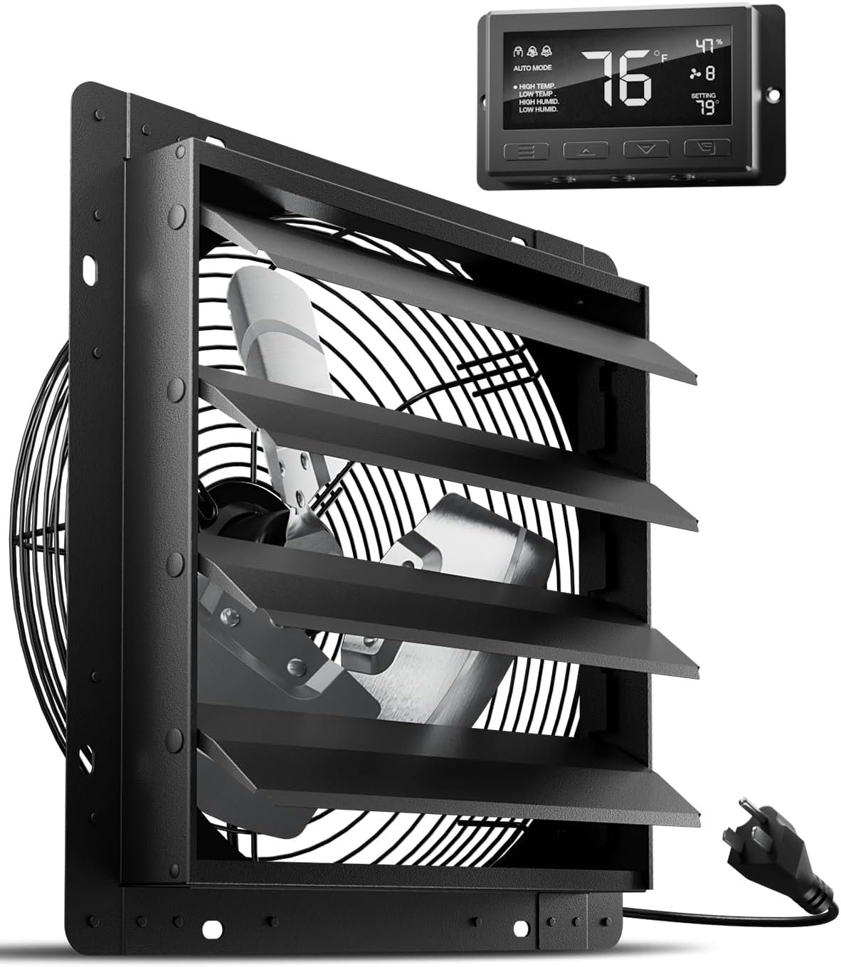 HG Power 14 Inch Attic Fan with Thermostat, Shutter Exhaust Fan with Smart Temperature Humidity Controller, Wall Mounted Greenhouse Fan with EC Motor for Garage, Shed Ventilation, Black - Image 2