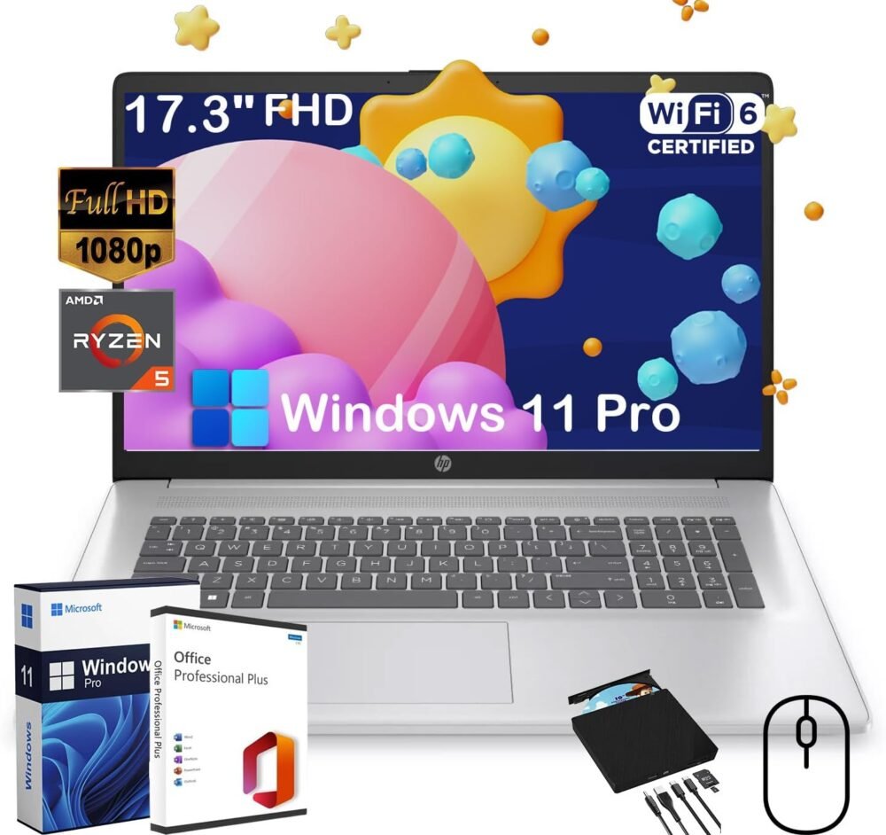 HP 17.3" FHD Laptop for Business and Students - with External CD/DVD Drive & Office Lifetime License, AMD Ryzen 5 7430U (6-core), 250 Nits IPS Display, Webcam, Wifi6, Win 11 Pro (16GB RAM | 512GB SSD) - Image 2