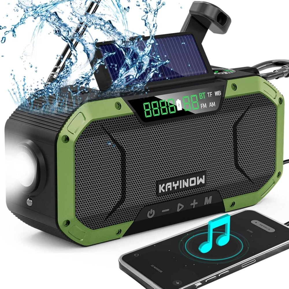Hand Crank Solar Power Emergency Radio with Waterproof Bluetooth Speaker,Portable AM FM NOAA Weather Radio,5000mAh Rechargeable Battery Operated,Phone Charger,Flashlight,SOS,Survival Storm Camping - Image 2