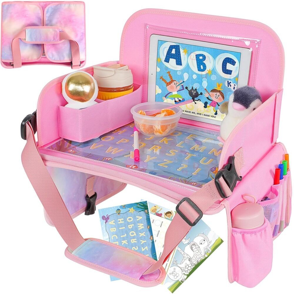 Kids Travel Tray, Car Seat Table Tray, Road Trip Essentials with Educational Drawing Board, Tablet Holder & Cooler Cup Holder, Travel Table for Kids Gifts in Car, Airplane, Multicoloured - Image 2