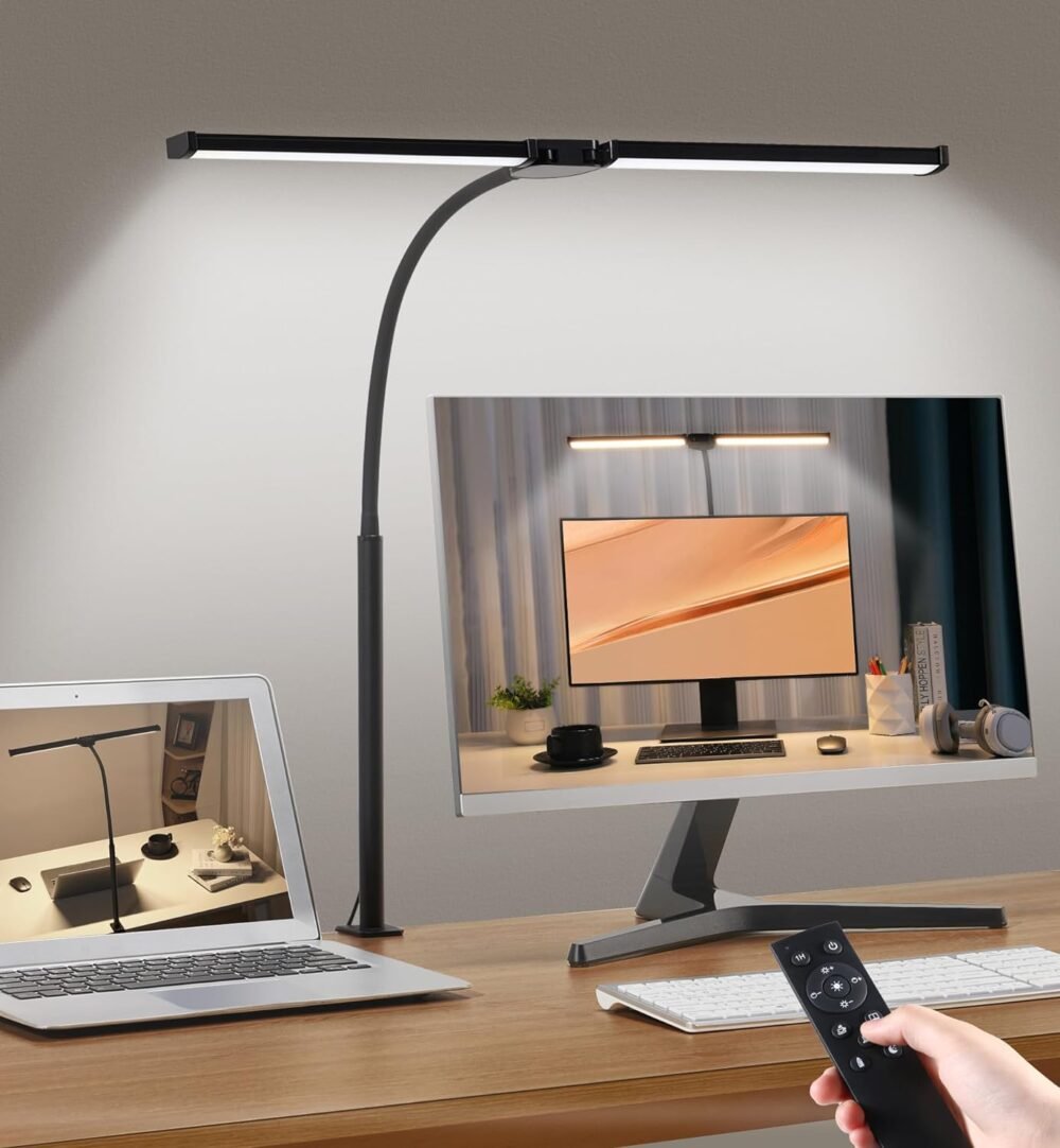 Led Desk Lamp for Home Office, Eye-Care Architect Light with Clamp, Smart Double Head Computer Monitor Table Clip Lamp, Adjustable Flexible Gooseneck, 25 Lighting Models, Task Lamp, Black - Image 2