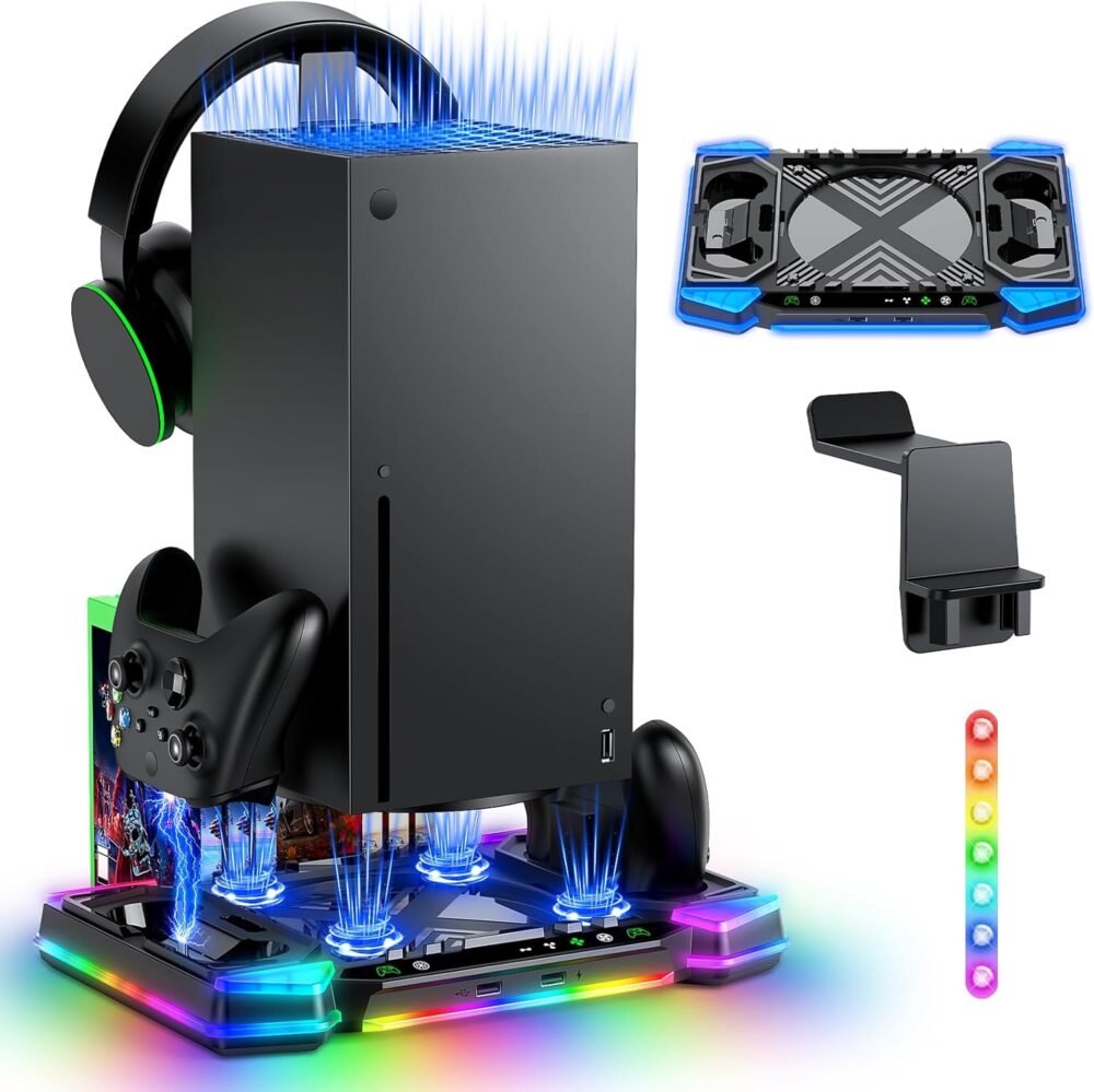 MENEEA Upgraded RGB Cooling Fan Stand for Xbox Series X with Controller Charger : Accessories for Xbox X Console, Dual Charging Dock & Cooler System Station,with 11 Light Modes & Headset Hook - Image 2