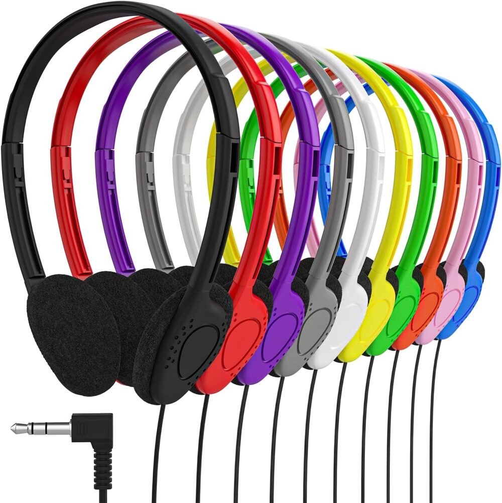 Maeline Bulk Classroom Student Headphones On Ear Stereo Headphones Flexible Adjustable Band for Kids Online Learning, Library, School, Airplane, Travel - 3.5mm Plug - 20 Pack - Multi - Image 2