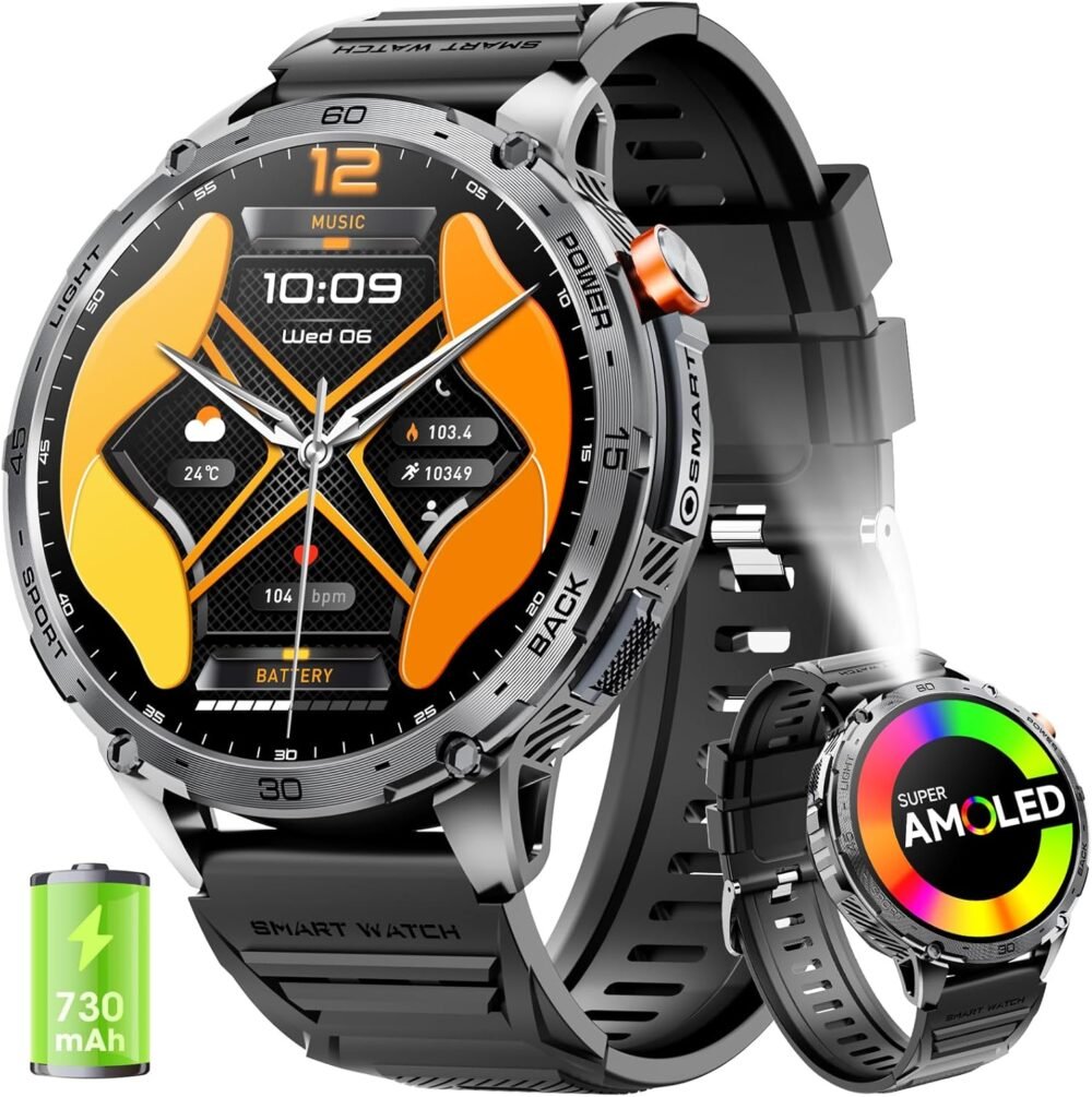 Military Smart Watch for Men 1.75" HD AMOLED Display 730mAh Battery Smart Watches with LED Flashlight for Android iOS（Bluetooth Call Answer/Dial Calls） Fitness Tracker with Heart Rate - Image 2