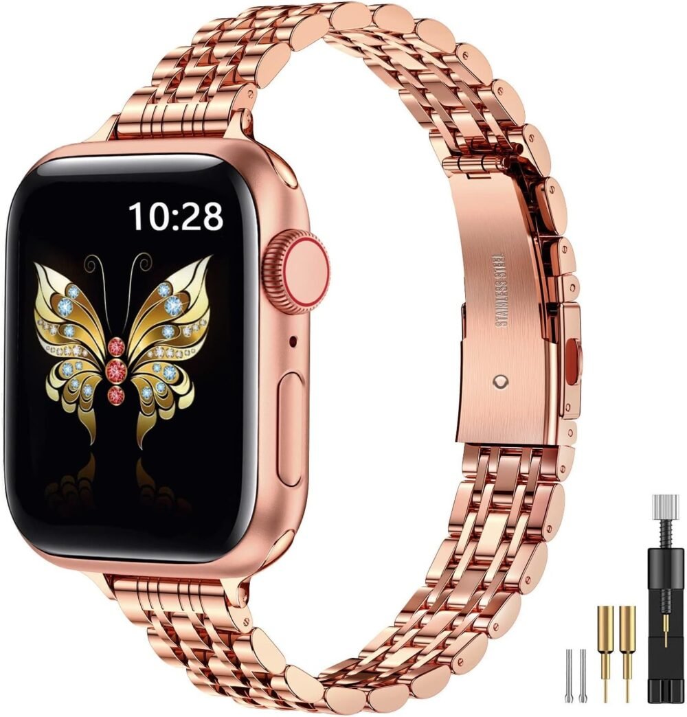 MioHHR Slim Metal Band Compatible with Apple Watch Band 49mm 46mm 45mm 44mm 42mm（Series 3/2/1）,Dressy Stainless Steel Chain Strap for Women iWatch Bands Series 10 9 8 7 6 5 4 SE Ultra 2 1,Rose Gold - Image 2