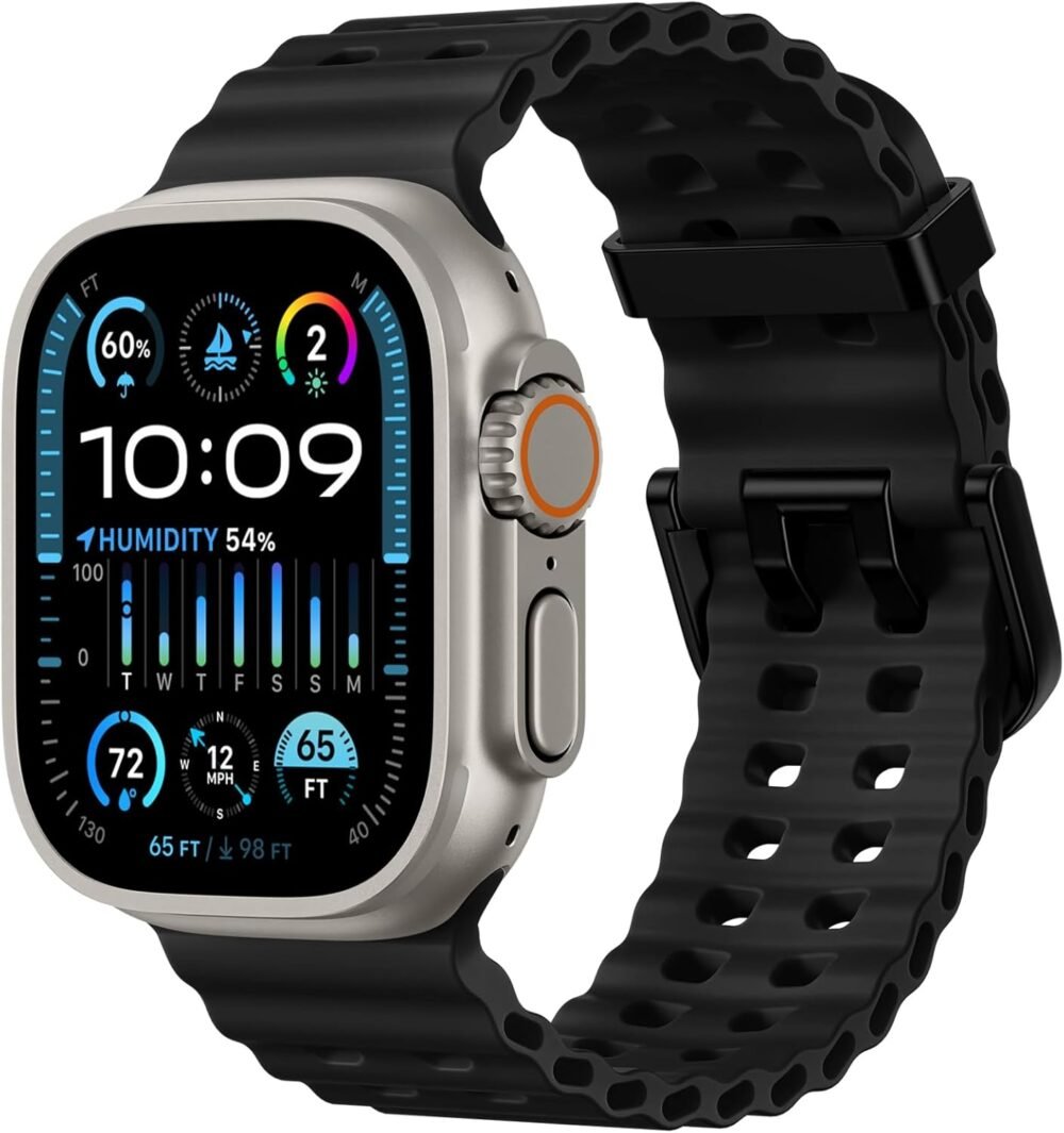Odbeai Ocean Sport band Compatible with Apple Watch Ultra 2/Ultra Band for Men 49mm 46mm 45mm 44mm 42mm,Soft Silicone Breathable Waterproof Outdoors for iWatch Series 10 9 8-1 SE Black Men Women - Image 2