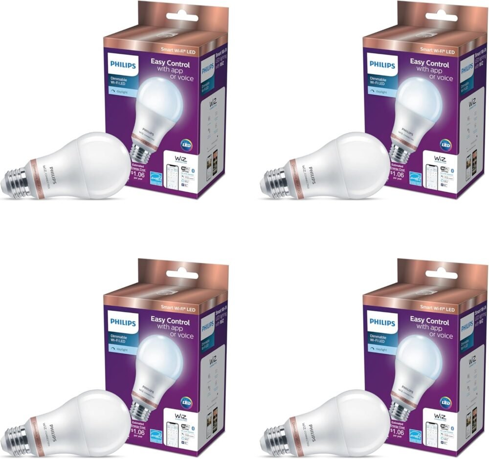 Philips 60-Watt Equivalent A19 LED Daylight (5000K) Smart Wi-Fi Light Bulb Powered by WiZ with Bluetooth (4-Pack) - Image 2