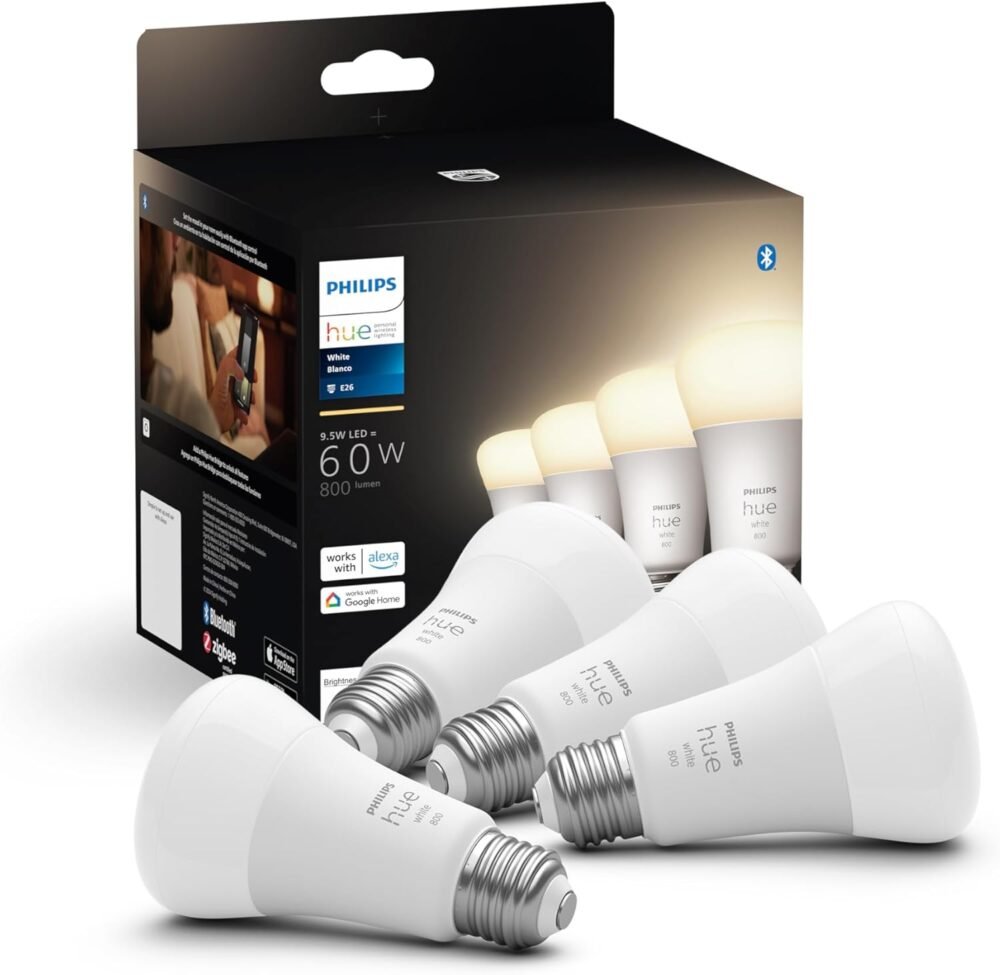 Philips Hue Smart 60W A19 LED Bulb - Soft Warm White Light - 4 Pack - 800LM - E26 - Indoor - Control with Hue App - Works with Alexa, Google Assistant and Apple Homekit - Image 2