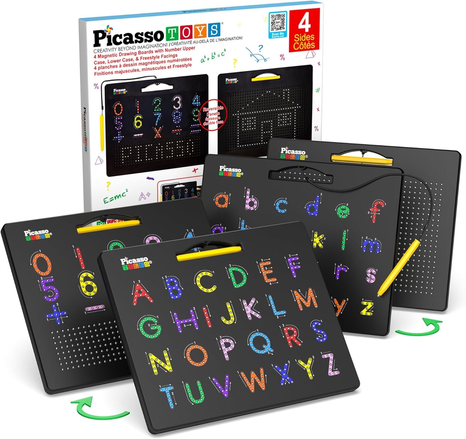 PicassoTiles 2PK 4-in-1 Magnetic Drawing Board 12x10 inch Large Magnet Tablet Pad with 4 Facings Lowercase & Uppercase Alphabets, Numbers, & Freestyle STEM Learning Writing Reading Playboard PTB06 - Image 2