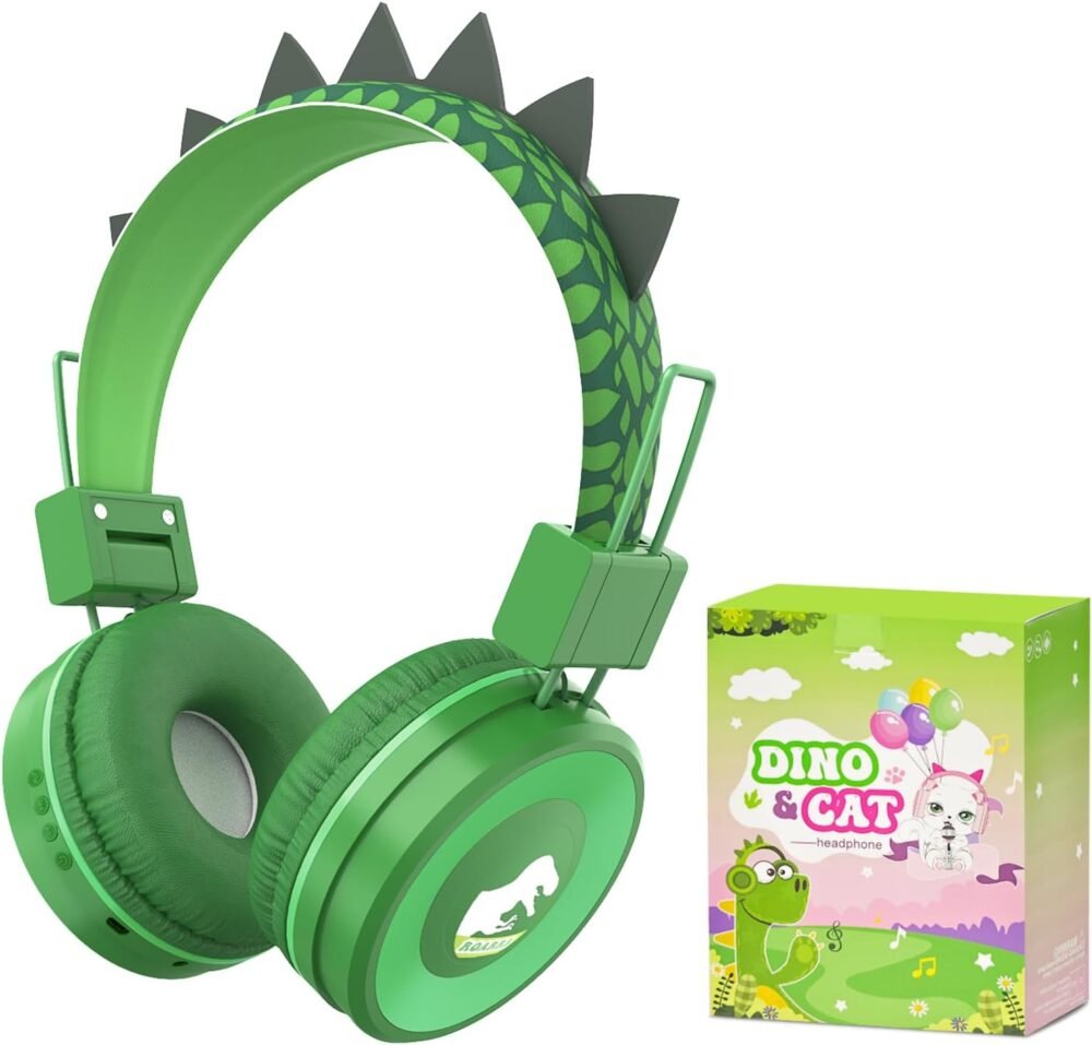 QearFun Kids Bluetooth Headphones, Dinosaur Kids Headphones Wireless with Microphone, Safe Volume 85 dBA, Bluetooth 5.3, Girls Toddler Headphones with Aux Cord for iPad/Tablet/Travel/School, Green - Image 2