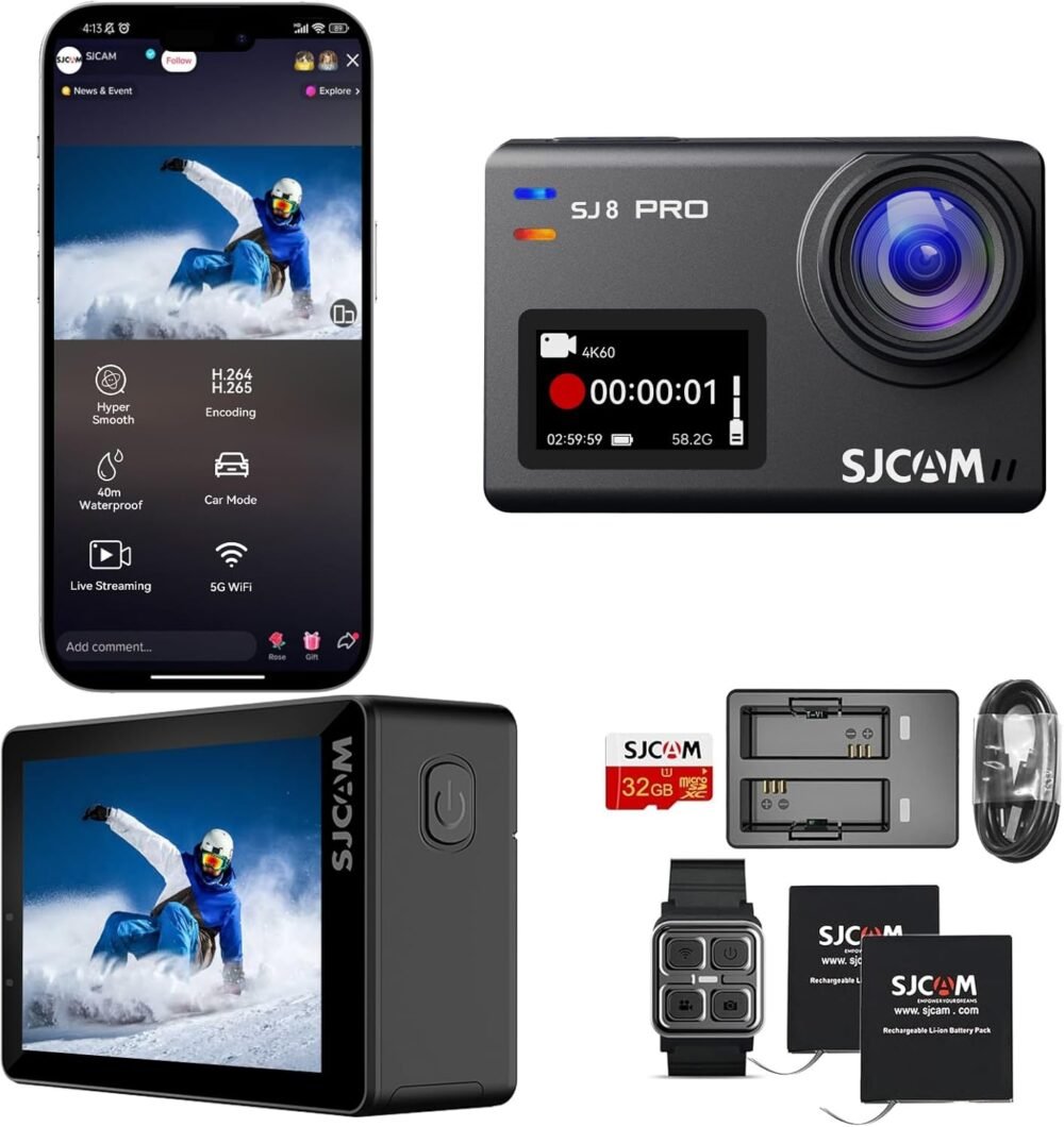 SJCAM SJ8Pro Native 4K60fps Action Camera with 170° FOV HDR, OIS Stabilization, 8X Slow-Mo Zoom, Touch Screen, Support External Mic&Remote Control, Underwater Waterproof Camera, with Helmet/Bike Kits - Image 2