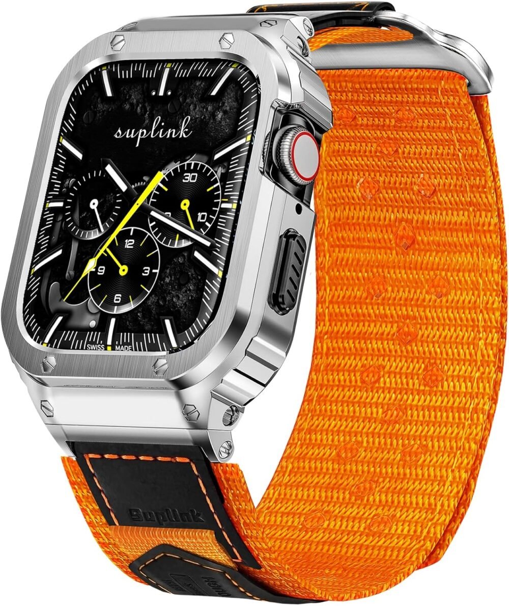 SUPLINK Stainless Steel Case&Nylon Band Compatible with Apple Watch Band 38mm 40mm 41mm 42mm 44mm 45mm 46mm 49mm,Rugged Metal Cover Adjustable Strap for iWatch Series 10 9 8 7 6 5 4 3 2 1 SE Ultra Men - Image 2