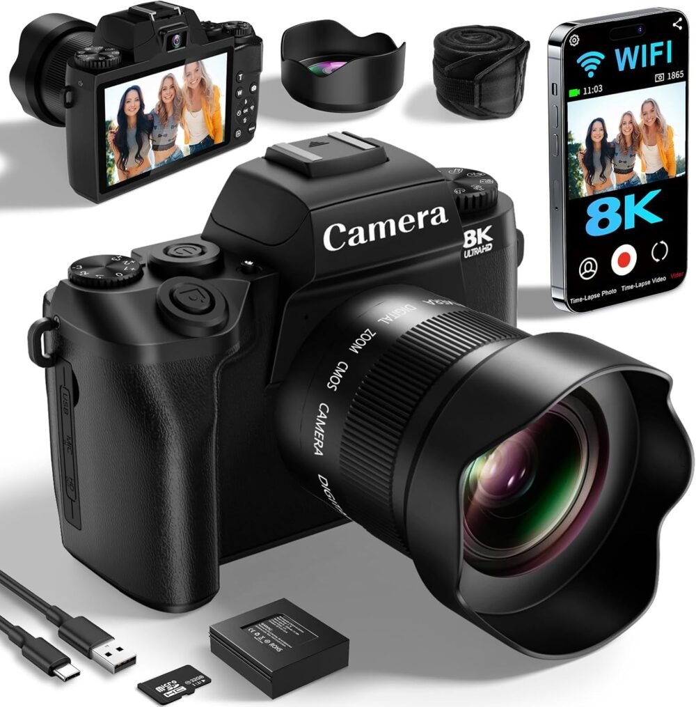 Saneen Digital Camera, 8K Cameras for Photography & Video with 4' Touch Screen with Flash, 32GB Card, 3000mAH Battery, Front & Rear Vlog Cameras-Black - Image 2