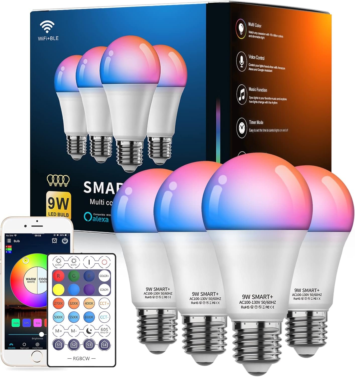 Smart Light Bulbs 4Pack with Remote, A19 E26 800LM LED Color Changing Light Bulb, WiFi & Bluetooth 5.0, Warm to Cool White, Dimmable, RGB Smart Home Lighting Work with Alexa Google Assistant - Image 2