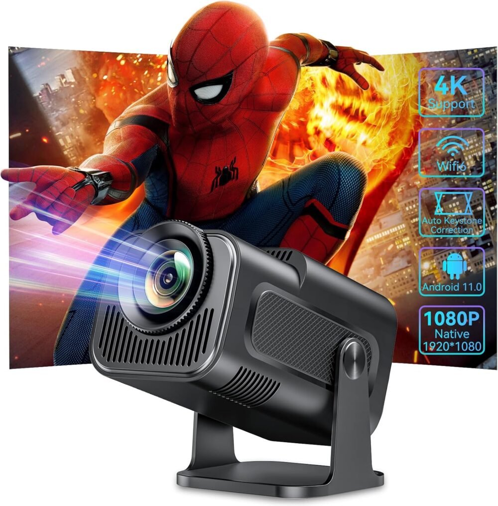 Smart Mini Projector with Android 11.0,2025 Upgraded Portable Projector 1080P 4K Full HD with WiFi 6 and BT5.2,180°Adjustable Stand, Auto Keystone Home Projector for Phone/TV Stick/Laptop - Image 2