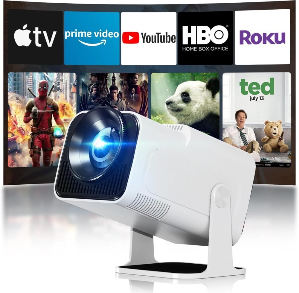 Smart Mini Projector with WiFi and Bluetooth,4k Portable Projector, 180° Rotating Adjustment with Android, Home Videoprojector with Auto Keystone Correction , White - Image 2