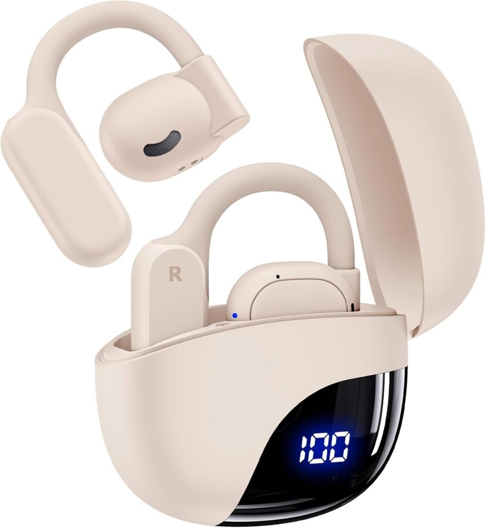 TAGRY Open Ear Headphones Bluetooth Ear buds 80Hrs Playtime Wireless Earbuds with Earhooks IPX7 Waterproof Touch Control Air Conduction Sport Headsets Bluetooth 5.3 Earphones for Workout Running Beige - Image 2