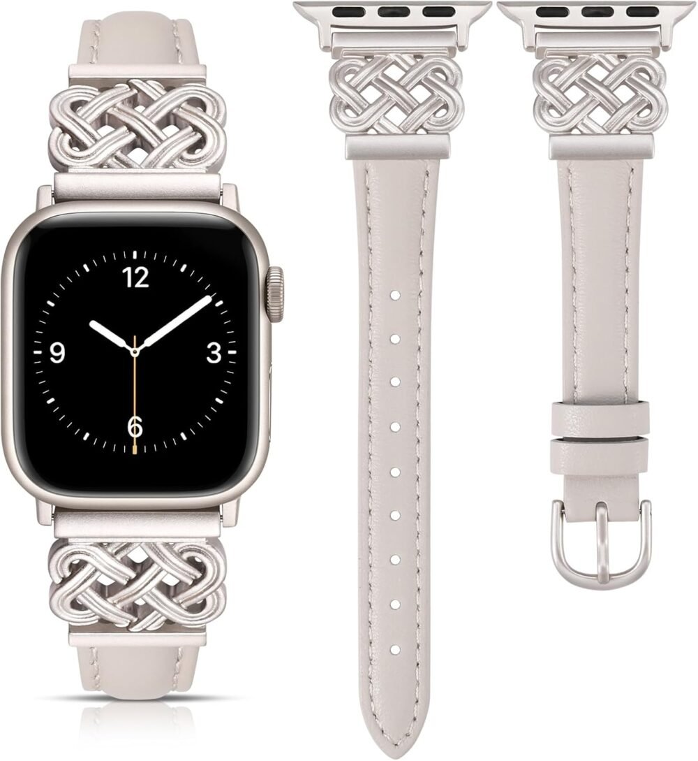 TOYOUTHS Leather Band Compatible with Apple Watch Bands Women 38/40/41/42mm Dressy Slim Thin Leather Strap with Designer Interlock Buckle Bracelet for iWatch Series 10/9/SE/8/7/6/5/4/3/2/1, Starlight - Image 2
