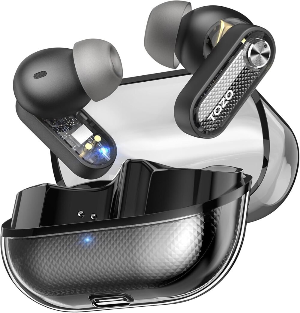 TOZO Hybrid Active Noise Cancelling Wireless Earbuds, 10mm Drivers Deep Bass Stereo Sound, 4 Mics Smart ENC AI Calls, 32 EQ Customization via App, Bluetooth 5.4 Headphones, Crystal Case Design - Image 2
