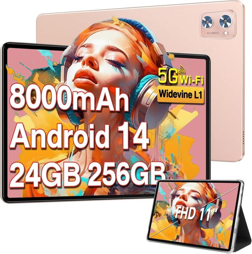 Tablet 11 inch Android 14 Tablets, 24GB RAM 256GB ROM 1TB Expand, Octa-core 8000mAh Battery Tablet PC with 13MP Camera, IPS HD Touchscreen, 5G WiFi, Widevine L1, Bluetooth 5.0, GPS - Rose Gold - Image 2
