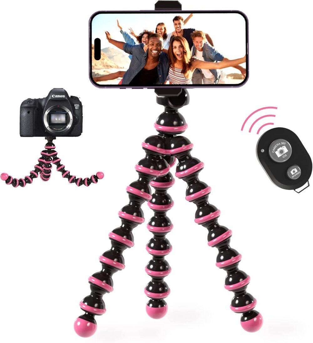 TalkWorks Flexible Tripod for iPhone, Android, Camera - Bendable Legs, Adjustable Stand Holder with Mini Wireless Remote for Selfies, Vlogging, Beauty/Makeup, Live Streaming/Recording - Pink - Image 2