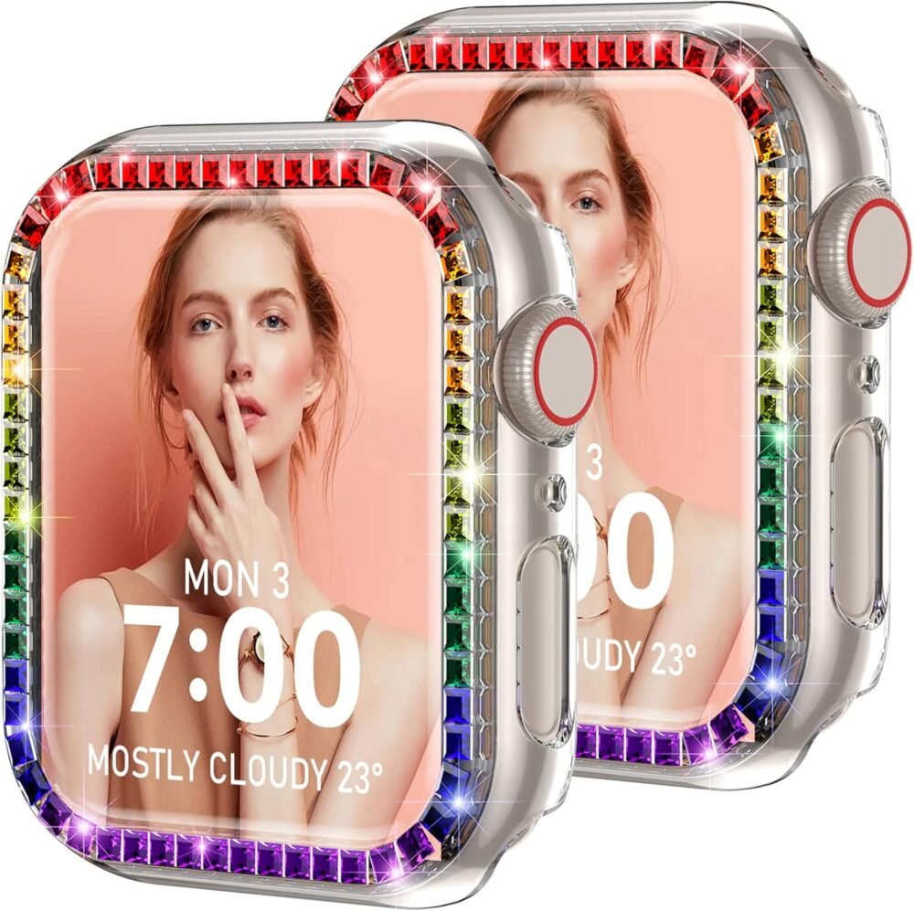 UniqueMe for Apple Watch Case 44mm, for SE/6/5/4 44mm Multicolors Bling iWatch Edge Cover [No Screen Protector] Square Glitter Rhinestone Diamond Protective Bumper Case Replacement, 2 Pack Clear - Image 2
