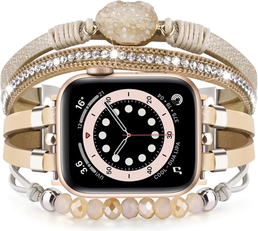 VISOOM Beaded Boho Bracelet Compatible for Apple Watch Band 40mm/38mm/41mm/46mm Series 10 9 8 7 SE Series 6/5/4 Women Leather Fashion Cute Handmade Multilayer Wrap Watch Strap for iWatch Bands 3/2/1 - Image 2