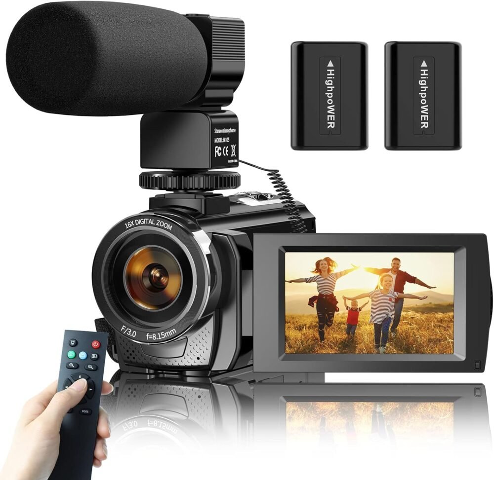 Video Camera Camcorder for YouTube, Digital Vlogging Camera FHD 1080P 30FPS 24MP 3.0 Inch 270° Rotation Screen Video Recorder with Microphone, Remote Control, 2 Batteries - Image 2