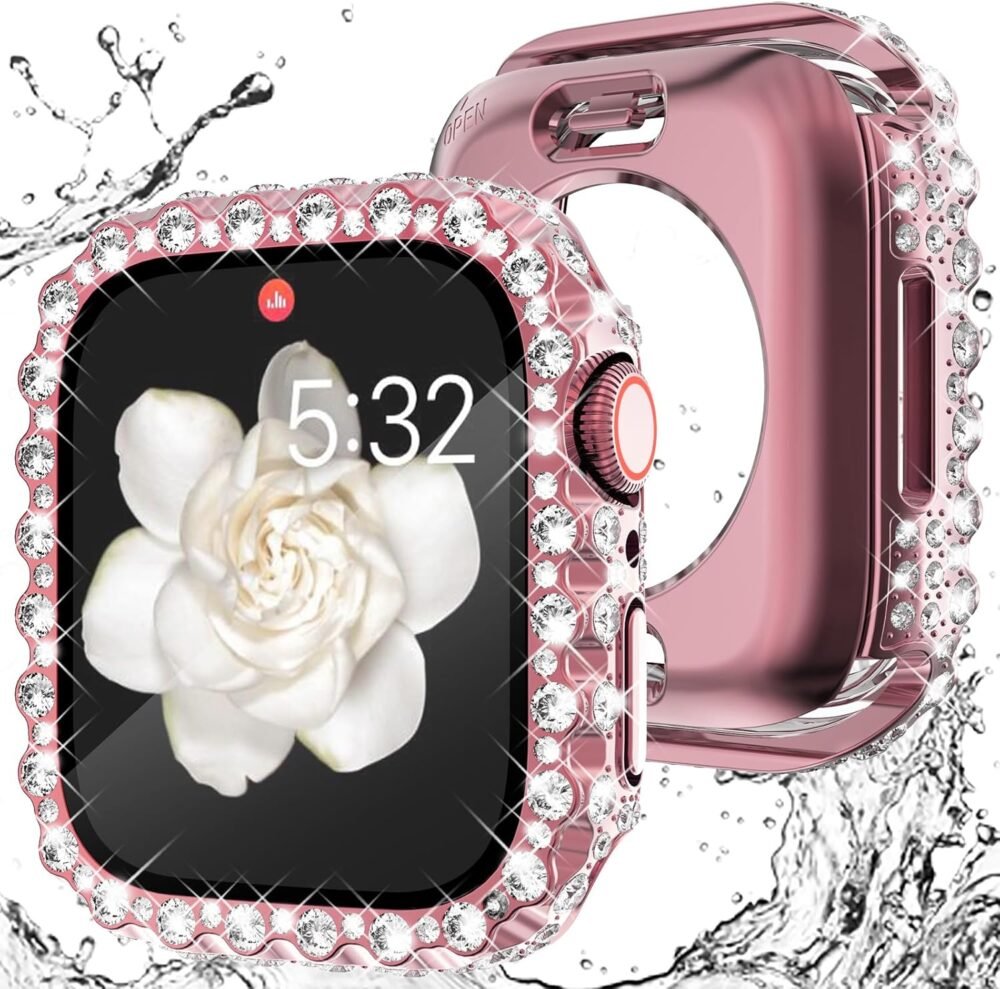 WINGLE 2 in 1 Waterproof Case for Apple Watch 40mm Screen Protector Case Series 6 5 4 SE, Bling Lace Edge Diamond Face Cover Full Glitter Rhinestone Protective Bumper for iWatch Women, 40 mm Pink - Image 2