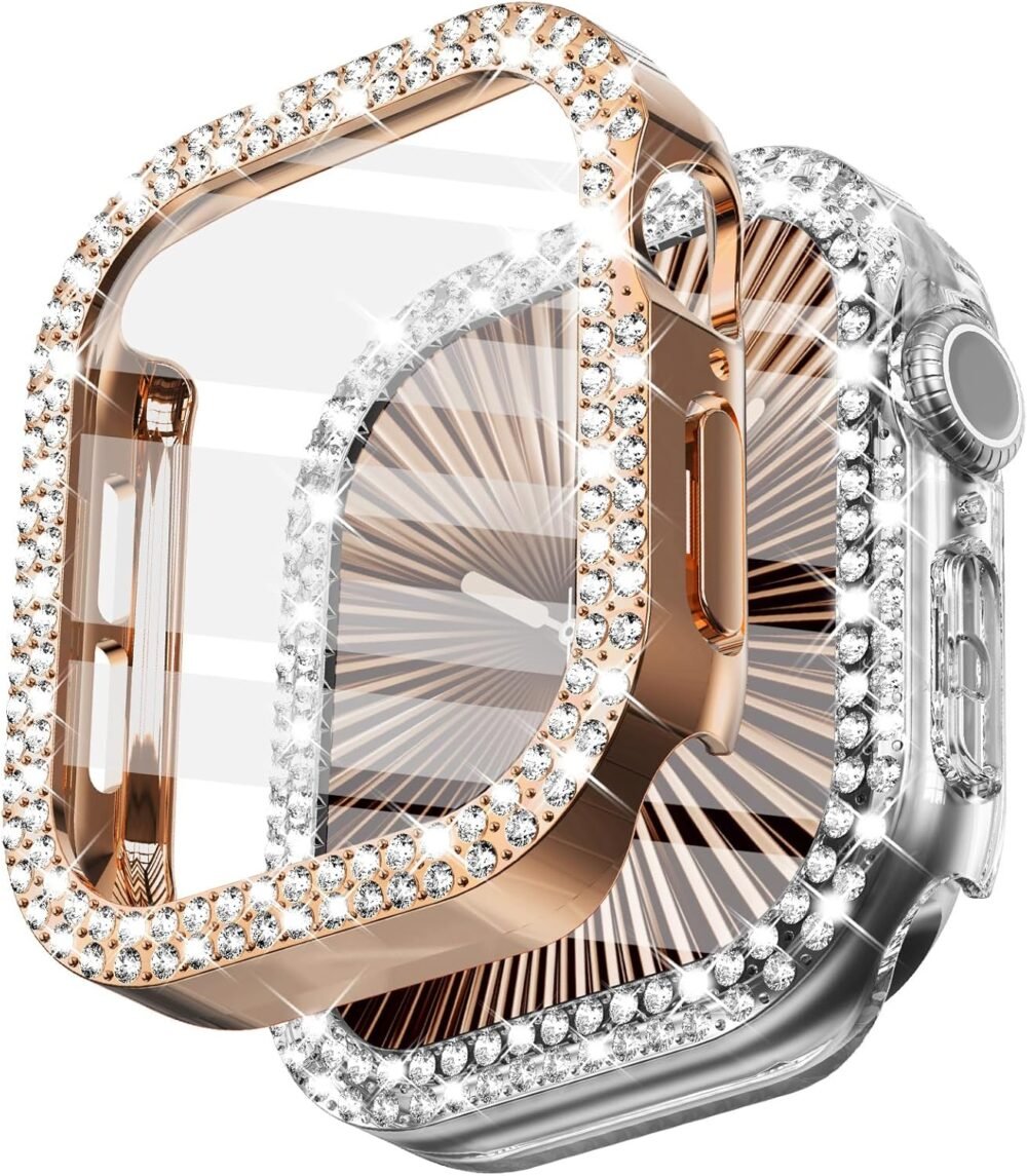 Wingle 2 Pack Bling Case for Apple Watch Series 10 46mm Screen Protector Case, Diamond Face Cover Apple Watch 10 46 mm Crystal Rhinestone iWatch Protective Tempered Glass Protector, Rose Gold/Clear - Image 2