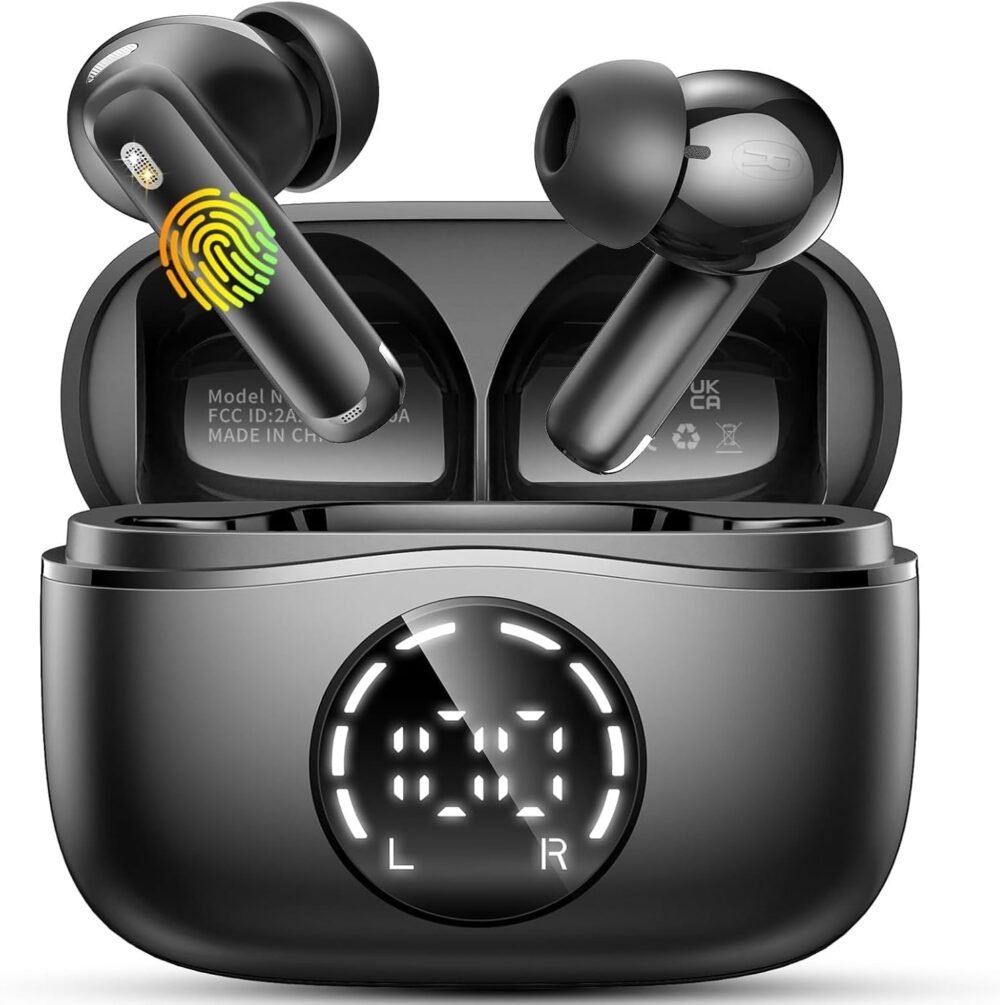 Wireless Earbuds, 2025 Bluetooth Headphones V5.4 Ear buds Built-in ENC Noise Cancelling Mics, 48H Stereo Bass Bluetooth Earbuds with Dual LED Display, IP7 Waterproof Earphones for Android iOS, Black - Image 2