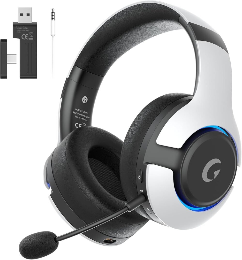 Wireless Gaming Headset for PS5, PS4, Elden Ring, PC, Mac, Switch, Bluetooth 5.3 Gaming Headphones with Noise Canceling Microphone, 45H Battery, RGB Light, White - Image 2