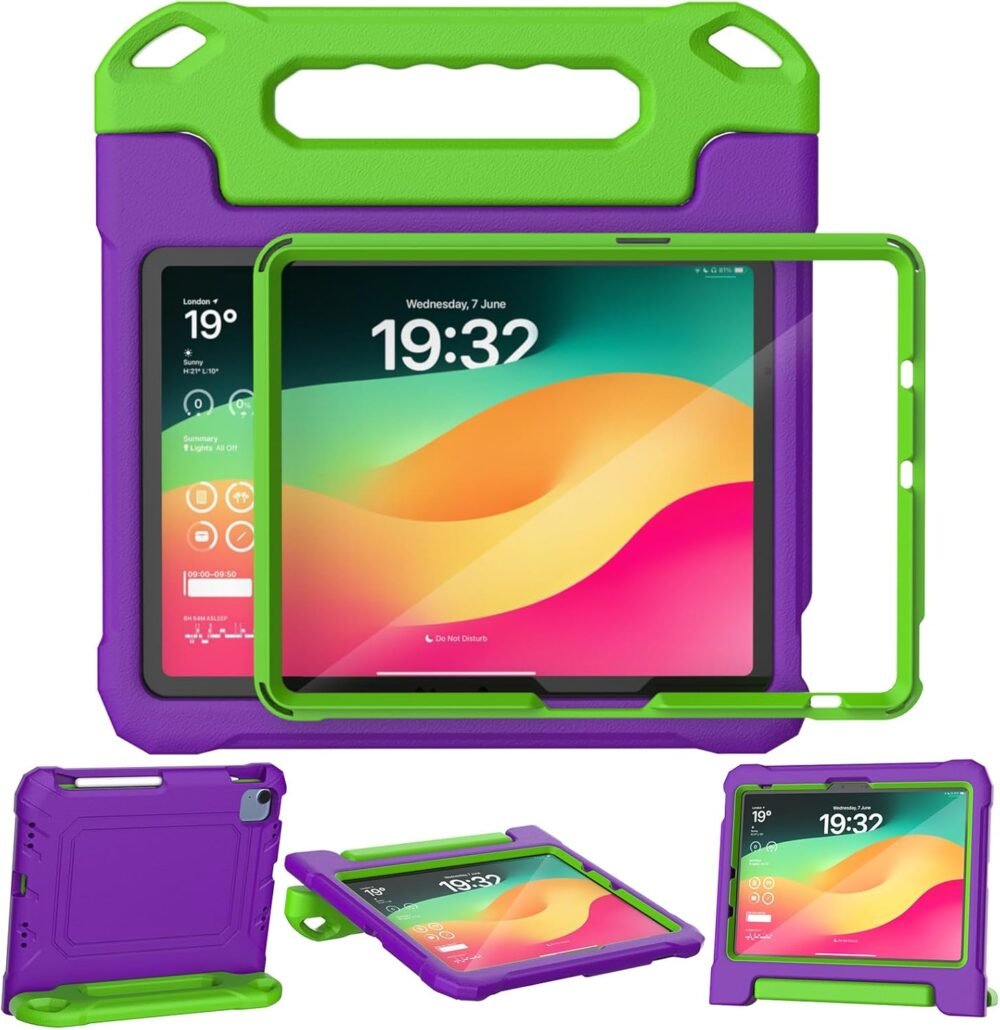YIHE Kids Case for iPad 11th Gen (A16,11-inch 2025) & 10th Gen (10.9", 2022) | Durable Shockproof Cases for iPad 11th/10th Generation - with Built-in Screen Protector & Pencil Holder, Purple Green - Image 2