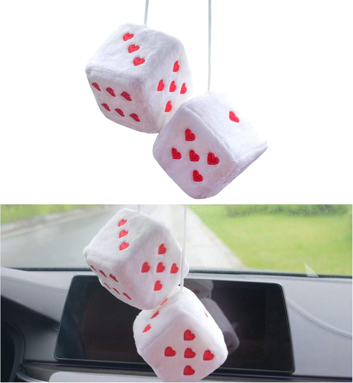 Ziciner Pair Fuzzy Plush Dice for Car Mirror, 3'' Retro Square Dice with Heart-Shape, Universal Auto Rearview Mirror Hanging Ornament Decoration, Vehicle Interior Accessories for Women (White) - Image 2